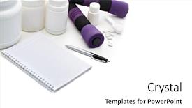  Presentation with nutrition supplements - Colorful slide deck enhanced with sports nutrition supplements and dumbbells backdrop and a white colored foreground