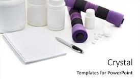  Presentation with nutrition supplements - Audience pleasing PPT layouts consisting of sports nutrition supplements and dumbbells backdrop and a white colored foreground
