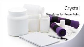  Presentation with nutrition supplements - Slide deck featuring sports nutrition supplements and dumbbells background and a white colored foreground