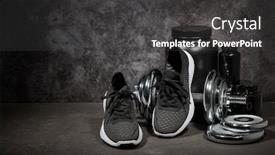  Presentation with nutrition supplements - Slide deck having sports nutrition supplements dumbbell and sneakers on dark grey background with copy space fitness sport or healthy lifestyle concept background and a dark gray colored foreground