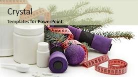  Presentation with sports nutrition - Slides enhanced with sports nutrition supplements dumbbells fir background and a  colored foreground