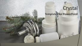  Presentation with sports nutrition - Colorful slides enhanced with sports nutrition supplements dumbbells fir backdrop and a  colored foreground