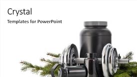  Presentation with sports nutrition - Slide deck having sports nutrition supplements dumbbells fir background and a  colored foreground