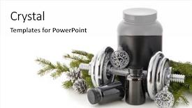  Presentation with nutrition supplements - PPT layouts with sports nutrition supplements dumbbells fir background and a  colored foreground