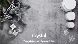  Presentation with nutrition supplements - Cool new PPT theme with sports nutrition supplements dumbbells gift backdrop and a gray colored foreground