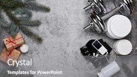  Presentation with nutrition supplements - Colorful PPT layouts enhanced with sports nutrition supplements dumbbells gift backdrop and a gray colored foreground