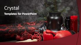  Presentation with nutrition supplements - Slide deck enhanced with sports nutrition supplements sports equipment branch of fir christmas ornaments on dark grey background with copy space fitness sport or healthy lifestyle concept new year and christmas background and a dark gray colored foreground