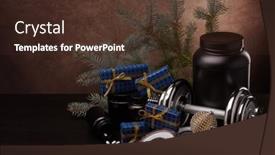  Presentation with nutrition supplements - Audience pleasing slides consisting of sports-nutrition-supplements-sports-equipment backdrop and a tawny brown colored foreground