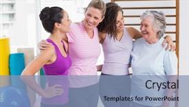  Presentation with friends - Presentation theme featuring sports physicals - happy female friends standing arms background and a light blue colored foreground