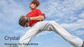  Presentation with ball sports - Beautiful presentation theme featuring sports physicals - infielder throwing the ball backdrop and a light blue colored foreground