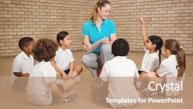  Presentation with elementary school - PPT layouts featuring sports physicals - students sitting and listening background and a coral colored foreground
