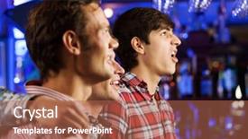  Presentation with bar - Slide set featuring sports pub - three young men at bar background and a coral colored foreground