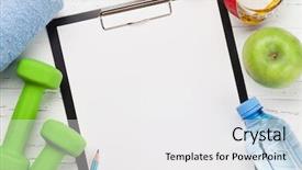  Presentation with save water concept saving - Slide set with sports schedules - fitness concept dumbbells water bottle background and a white colored foreground