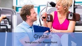  Presentation with woman sport - Cool new PPT theme with sports schedules - trainer in sport gym assisting backdrop and a light blue colored foreground