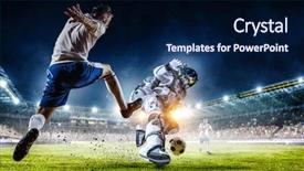  Presentation with play - Slide deck enhanced with sports science - astronaut play soccer game background and a navy blue colored foreground