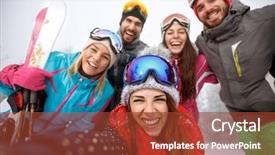  Presentation with focus group hands taking notes - Slide deck having sports ski - group of young people taking background and a tawny brown colored foreground