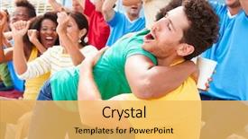  Presentation with team building sport - Colorful slide deck enhanced with sports spectators in team colors backdrop and a yellow colored foreground