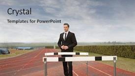  Presentation with obstacles - Colorful slides enhanced with sports suit - businessman standing between some obstacles backdrop and a light gray colored foreground