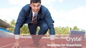  Presentation with image of car racing - Amazing slide deck having sports suit - image of businessman getting ready backdrop and a coral colored foreground