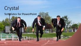  Presentation with running - Slide deck featuring sports suit - three business men running background and a light blue colored foreground