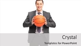  Presentation with basketball - PPT layouts featuring sports suit - young cheerful businessman holding background and a light gray colored foreground