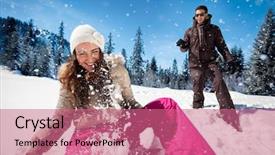  Presentation with snow - Audience pleasing presentation design consisting of sports suit - young couple playing in snow backdrop and a coral colored foreground