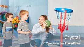  Presentation with play children - PPT layouts consisting of sports-teacher-and-children-play background and a seafoam green colored foreground