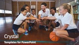  Presentation with school sports - Colorful PPT theme enhanced with sports teacher and school kids backdrop and a tawny brown colored foreground