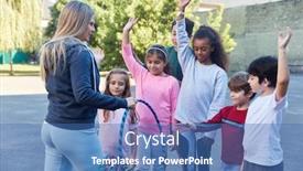  Presentation with sports children - Beautiful theme featuring sports-teacher-distributes-tires backdrop and a ocean colored foreground