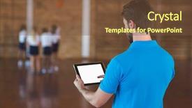  Presentation with sports school - Amazing PPT theme having sports teacher using digital tablet backdrop and a tawny brown colored foreground
