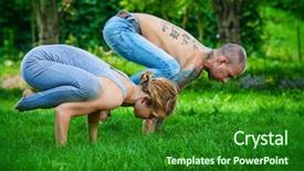  Presentation with man joined woman - Colorful slides enhanced with sports teamwork - man and woman yogi doing backdrop and a forest green colored foreground