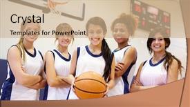  Presentation with teamwork school - Presentation theme enhanced with sports teamwork - members of female high school background and a coral colored foreground