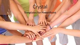  Presentation with circle - PPT theme consisting of sports teamwork - picture of young women standing background and a coral colored foreground