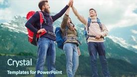  Presentation with travel friends - Audience pleasing PPT theme consisting of sports teamwork - travel tourism hike gesture backdrop and a ocean colored foreground