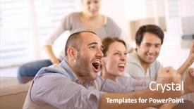  Presentation with television watching - Slides enhanced with sports television - cheerful group of friends watching background and a coral colored foreground