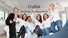  Presentation with members - Colorful PPT theme enhanced with sports television - group of family members sitting backdrop and a light gray colored foreground