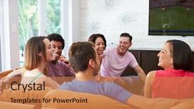  Presentation with television watching - Presentation theme consisting of sports television - group of friends sitting background and a coral colored foreground