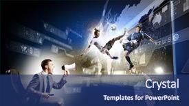  Presentation with television watching - Presentation design featuring sports television - young man screaming in megaphone background and a ocean colored foreground