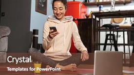  Presentation with mobile home - Slides enhanced with sports video background - happy healthy woman sitting background and a tawny brown colored foreground