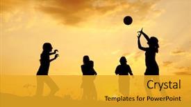  Presentation with children silhouette - Colorful PPT theme enhanced with sports volleyball - silhouette group of happy children backdrop and a gold colored foreground
