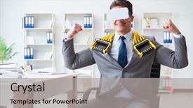  Presentation with waste - Audience pleasing theme consisting of sports waste - businessman exercising with elastic expander backdrop and a  colored foreground