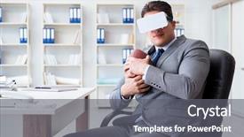  Presentation with virtual reality rehab - Slide set having sports waste - businessman playing virtual reality football background and a gray colored foreground