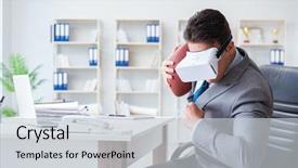  Presentation with virtual reality therapy - Slide set having sports waste - businessman playing virtual reality football background and a light gray colored foreground