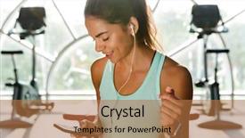  Presentation with music and sports - Theme having woman in earphones listening music background and a  colored foreground