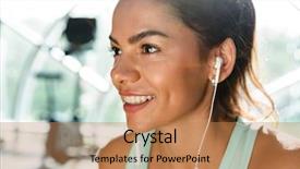  Presentation with happy image - Slide deck with woman in earphones listening music background and a coral colored foreground