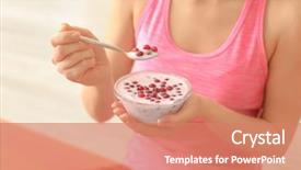  Presentation with yogurt - Presentation theme featuring sports women - sporty young woman eating yogurt background and a coral colored foreground