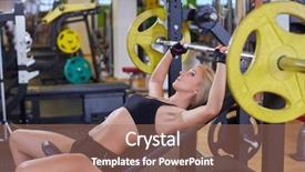  Presentation with sports bar sports bar - Presentation theme having sports young woman doing exercises with barbell on bench in the gym bar bench press background and a coral colored foreground