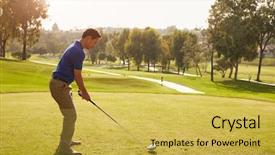  Presentation with golf ball on tee - Audience pleasing presentation theme consisting of sportsgolf - male golfer lining up tee backdrop and a yellow colored foreground