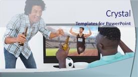  Presentation with soccer fans - Presentation having sportsman celebrating his victory against soccer fans watching tv background and a sky blue colored foreground