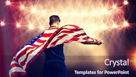  Presentation with american flag - Colorful PPT layouts enhanced with sportsman holding an american flag backdrop and a navy blue colored foreground